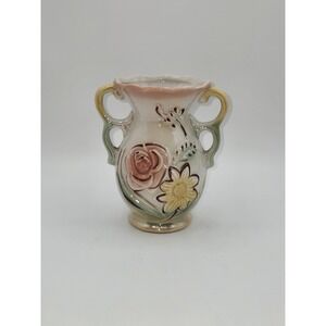 Vintage Brazil Art Pottery Double Handle Floral Vase Pink Rose Daisy Relief